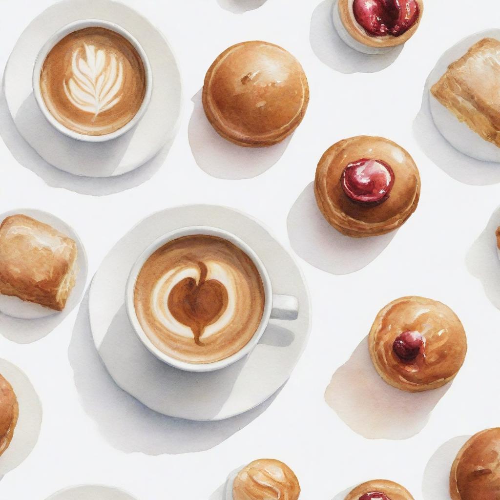 Aesthetically pleasing, watercolor-inspired coffee and pastries individually portrayed against a white background.