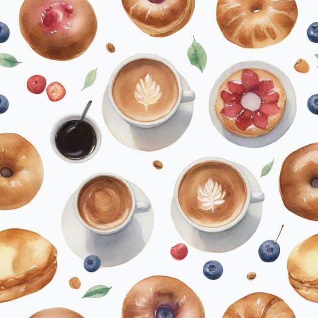 Aesthetically pleasing, watercolor-inspired coffee and pastries individually portrayed against a white background.