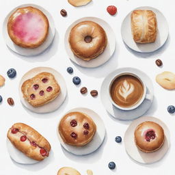 Aesthetically pleasing, watercolor-inspired coffee and pastries individually portrayed against a white background.