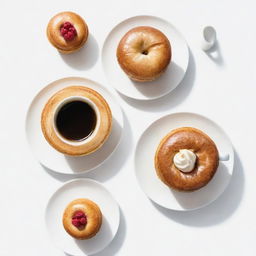 Aesthetically pleasing, watercolor-inspired coffee and pastries individually portrayed against a white background.