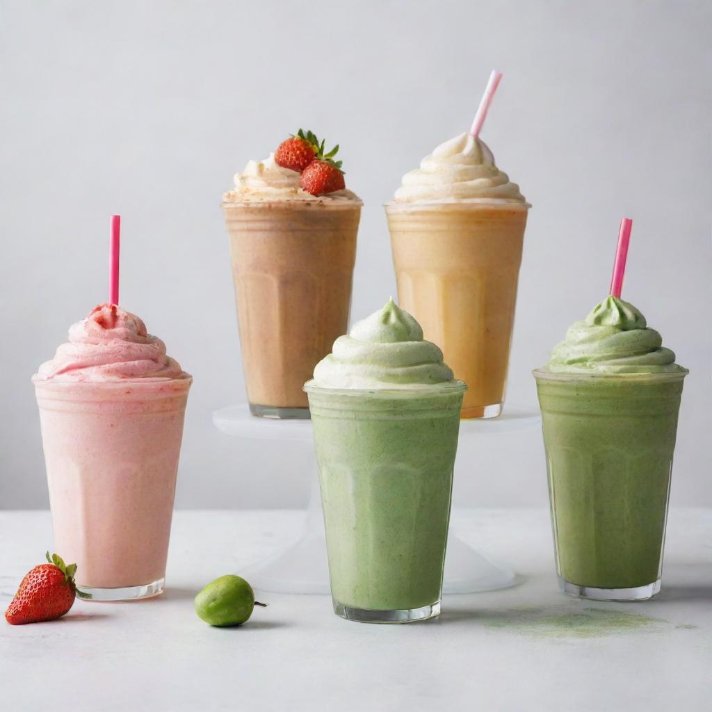 Aesthetically pleasing, watercolor-inspired beverages including coffee, frappe, matcha latte, and strawberry shake individually portrayed against a white background.