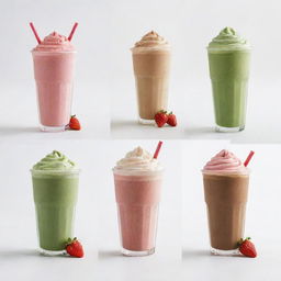 Aesthetically pleasing, watercolor-inspired beverages including coffee, frappe, matcha latte, and strawberry shake individually portrayed against a white background.