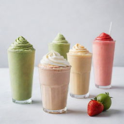 Aesthetically pleasing, watercolor-inspired beverages including coffee, frappe, matcha latte, and strawberry shake individually portrayed against a white background.