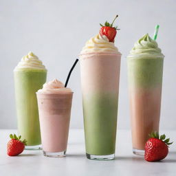 Aesthetically pleasing, watercolor-inspired beverages including coffee, frappe, matcha latte, and strawberry shake individually portrayed against a white background.