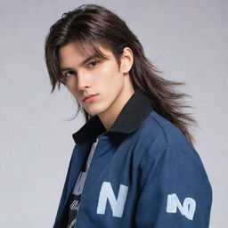 Handsome male anime character with a mullet hairstyle, wearing a cool jacket adorned with the word 'ino'