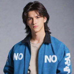 Handsome male anime character with a mullet hairstyle, wearing a cool jacket adorned with the word 'ino'