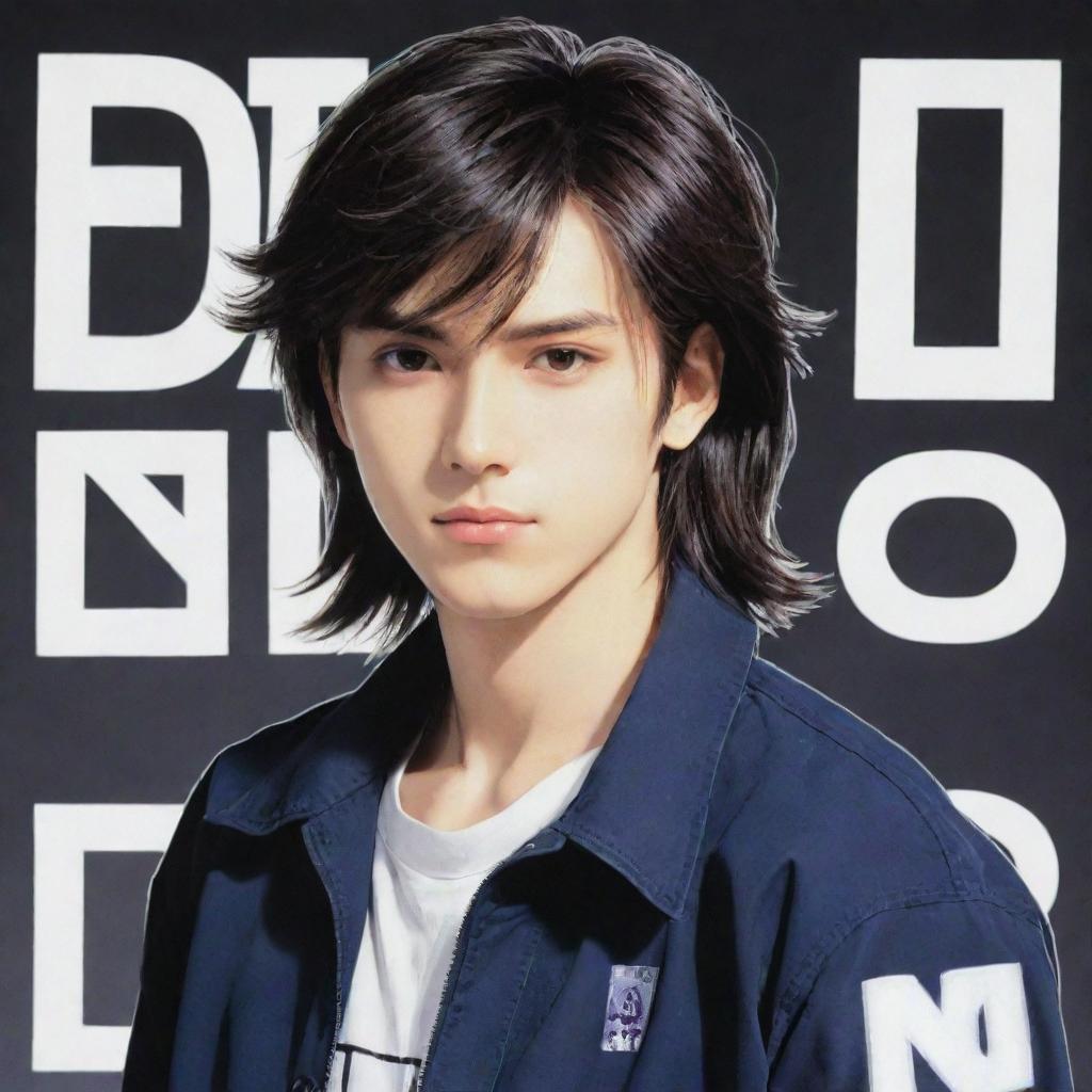 Handsome male anime character with a mullet hairstyle, wearing a cool jacket adorned with the word 'ino'