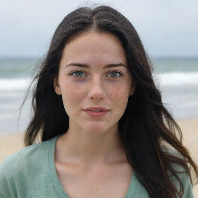 Capture a casual, raw-style 4K HD image from a long distance of a relaxed 23-year-old female with green eyes, freckles, and long black hair with golden highlights. She's in casual clothes, enjoying her time on a beach.