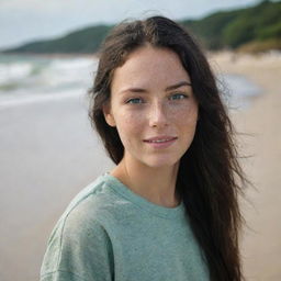 Capture a casual, raw-style 4K HD image from a long distance of a relaxed 23-year-old female with green eyes, freckles, and long black hair with golden highlights. She's in casual clothes, enjoying her time on a beach.