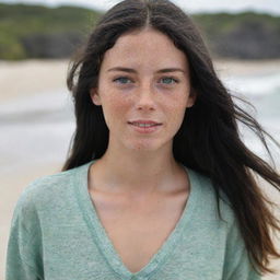 Capture a casual, raw-style 4K HD image from a long distance of a relaxed 23-year-old female with green eyes, freckles, and long black hair with golden highlights. She's in casual clothes, enjoying her time on a beach.