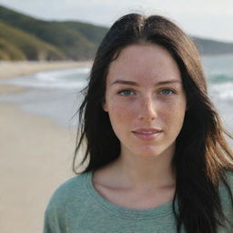 Capture a casual, raw-style 4K HD image from a long distance of a relaxed 23-year-old female with green eyes, freckles, and long black hair with golden highlights. She's in casual clothes, enjoying her time on a beach.