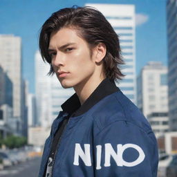 Handsome male anime character with a mullet hairstyle, wearing a cool jacket adorned with the word 'ino', set against a city backdrop