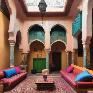 The traditional Moroccan riad was adorned with vibrant colors and showcased a burnoose hanging elegantly on a wall.