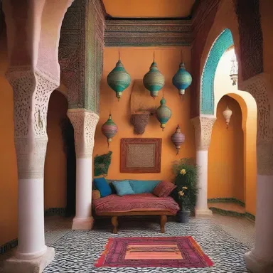 The traditional Moroccan riad was adorned with vibrant colors and showcased a burnoose hanging elegantly on a wall.