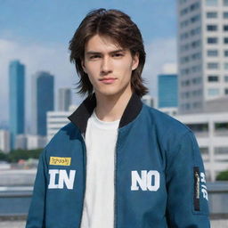 Handsome male anime character with a mullet hairstyle, wearing a cool jacket adorned with the word 'ino', set against a city backdrop