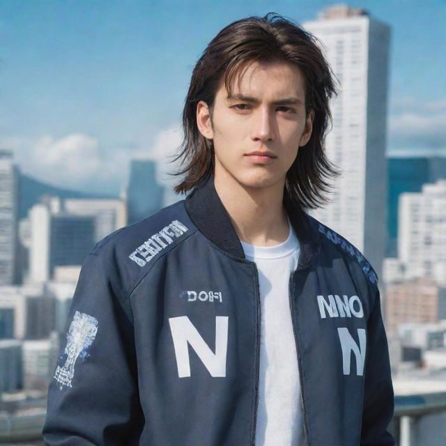 Handsome male anime character with a mullet hairstyle, wearing a cool jacket adorned with the word 'ino', set against a city backdrop