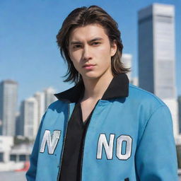 Handsome male anime character with a mullet hairstyle, wearing a cool jacket adorned with the word 'ino', set against a city backdrop