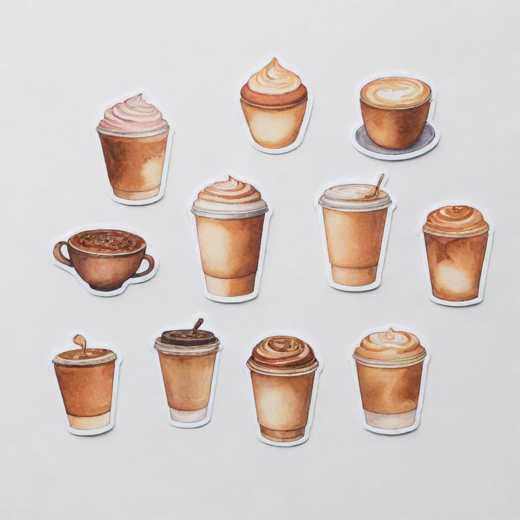 Aesthetically pleasing, watercolor-style coffee-themed stickers individually portrayed against a white background.