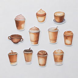 Aesthetically pleasing, watercolor-style coffee-themed stickers individually portrayed against a white background.