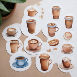 Aesthetically pleasing, watercolor-style coffee-themed stickers individually portrayed against a white background.