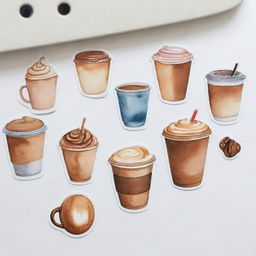 Aesthetically pleasing, watercolor-style coffee-themed stickers individually portrayed against a white background.