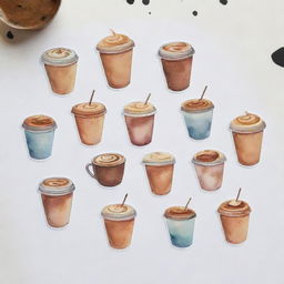 Aesthetically pleasing, watercolor-style coffee-themed stickers individually portrayed against a white background.