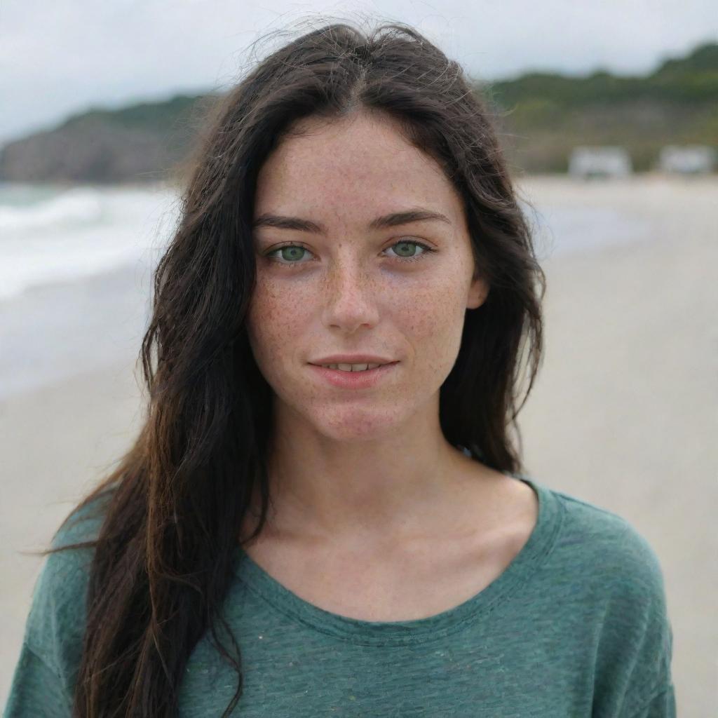 Capture a casual, raw-style 4K HD, medium-distance shot of a relaxed 23-year-old female with a medium body build, green eyes, freckles, and long black hair with golden highlights. She's in casual clothes, enjoying her time on a beach.