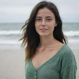 Capture a casual, raw-style 4K HD, medium-distance shot of a relaxed 23-year-old female with a medium body build, green eyes, freckles, and long black hair with golden highlights. She's in casual clothes, enjoying her time on a beach.