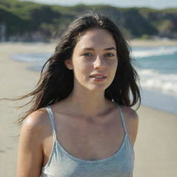 Capture a casual, raw-style 4K HD, medium-distance shot of a relaxed 23-year-old female with a medium body build, green eyes, freckles, and long black hair with golden highlights. She's in casual clothes, enjoying her time on a beach.