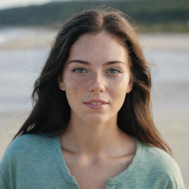 Capture a casual, raw-style 4K HD, medium-distance shot of a relaxed 23-year-old female with a medium body build, green eyes, freckles, and long black hair with golden highlights. She's in casual clothes, enjoying her time on a beach.