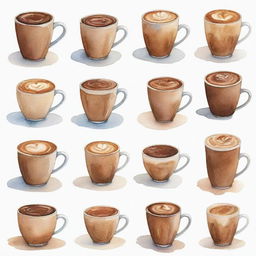 Aesthetically pleasing, watercolor-style depictions of different kinds of coffee individually portrayed against a white background.