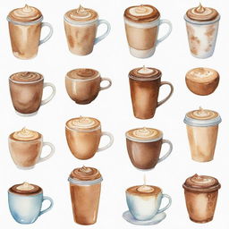 Aesthetically pleasing, watercolor-style depictions of different kinds of coffee individually portrayed against a white background.