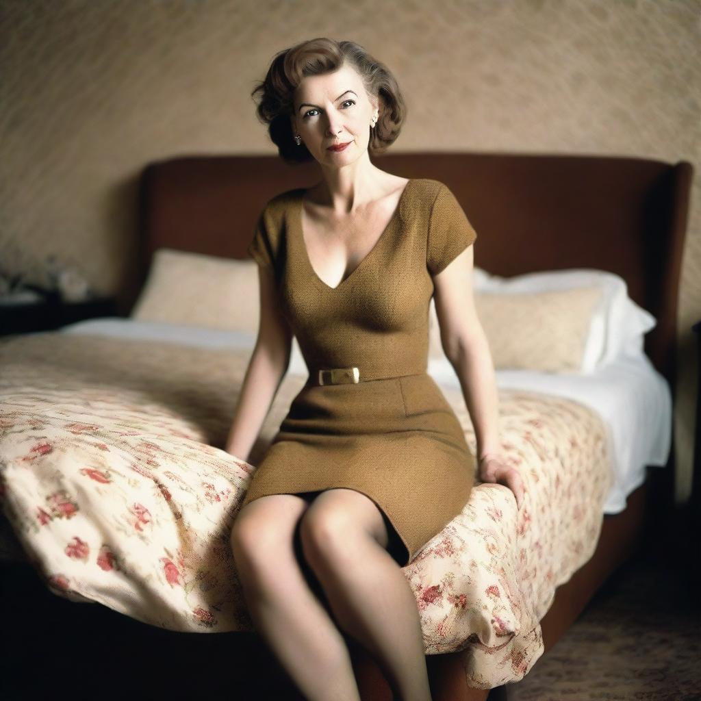 An ultra-realistic photograph showcasing a slender, 60-year-old British woman, dressed in a low-cut dress, revealing her legs