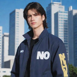 Handsome male anime character with a mullet hairstyle and reversed body orientation, wearing a cool jacket adorned with the word 'ino', set against a city backdrop