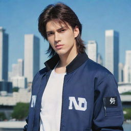 Handsome male anime character with a mullet hairstyle and reversed body orientation, wearing a cool jacket adorned with the word 'ino', set against a city backdrop