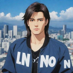 Handsome male anime character with a mullet hairstyle and reversed body orientation, wearing a cool jacket adorned with the word 'ino', set against a city backdrop