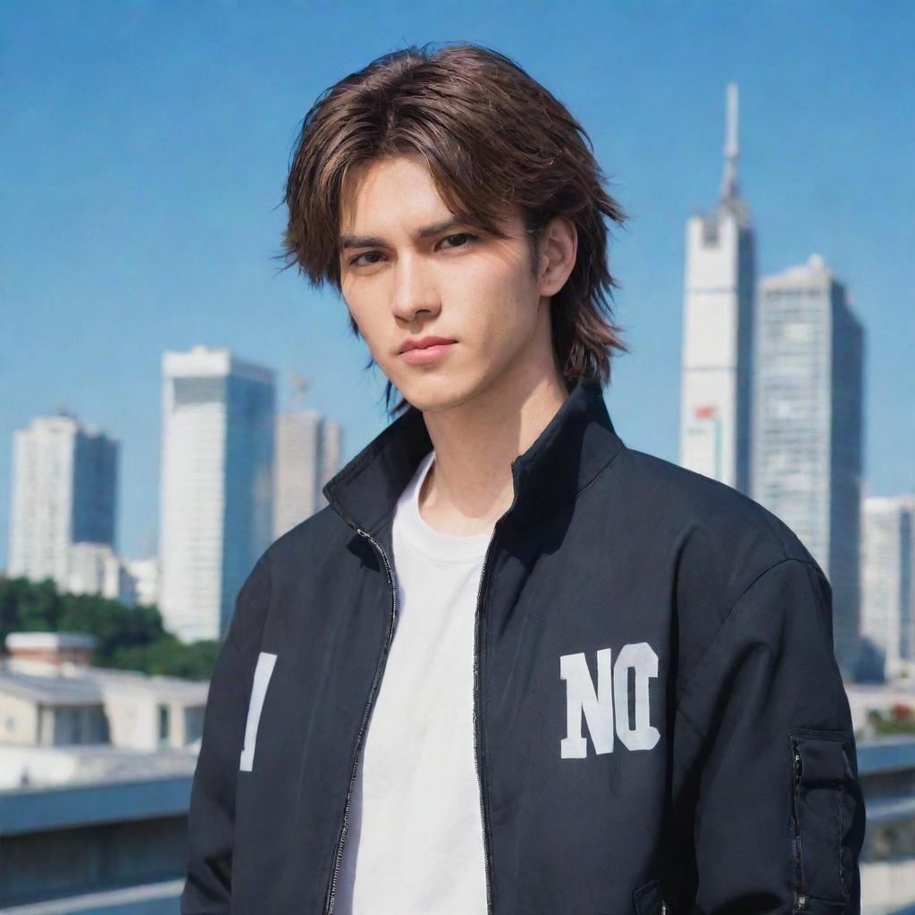 Handsome male anime character with a mullet hairstyle and reversed body orientation, wearing a cool jacket adorned with the word 'ino', set against a city backdrop