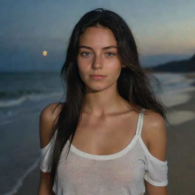 Capture a casual, raw-style 4K HD, medium-distance shot of a relaxed 23-year-old female with a medium body build, green eyes, freckles, and long black hair with golden highlights. She's in casual clothes, enjoying her time on a beach in Brazil at night.