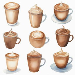 Aesthetically pleasing, watercolor-style depictions of different kinds of coffee in a coffee shop setting, individually portrayed against a white background.