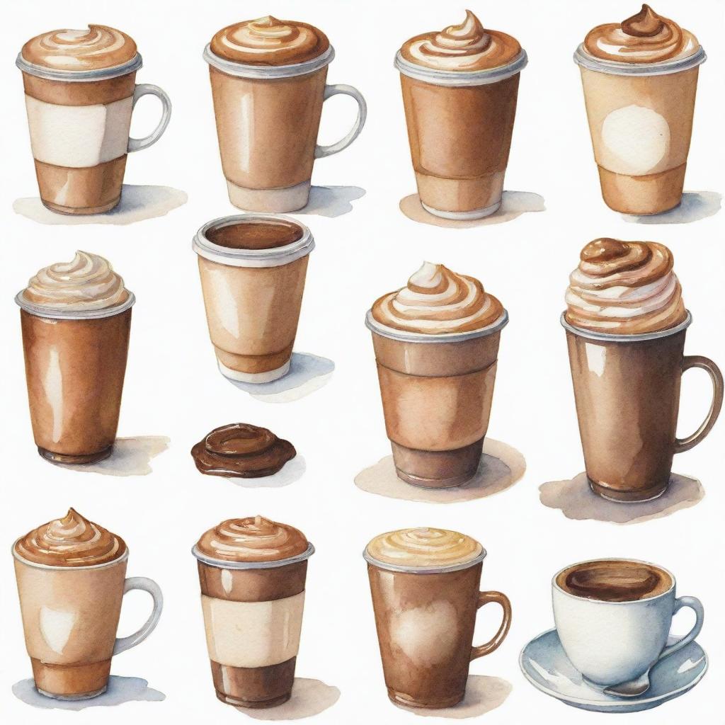 Aesthetically pleasing, watercolor-style depictions of different kinds of coffee in a coffee shop setting, individually portrayed against a white background.