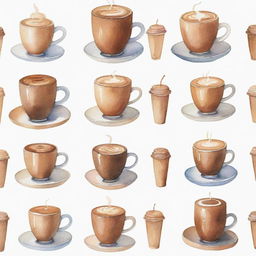 Aesthetically pleasing, watercolor-style depictions of different kinds of coffee in a coffee shop setting, individually portrayed against a white background.