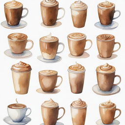 Aesthetically pleasing, watercolor-style depictions of different kinds of coffee in a coffee shop setting, individually portrayed against a white background.