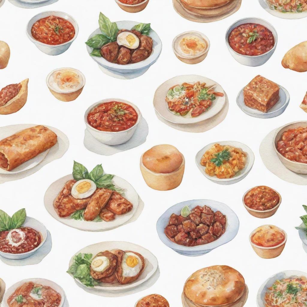 Aesthetically pleasing, watercolor-style depictions of different kinds of Filipino foods individually portrayed against a white background.