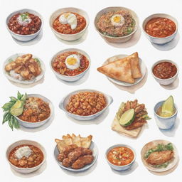 Aesthetically pleasing, watercolor-style depictions of different kinds of Filipino foods individually portrayed against a white background.