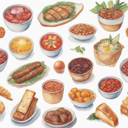 Aesthetically pleasing, watercolor-style depictions of different kinds of Filipino foods individually portrayed against a white background.