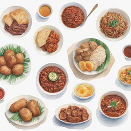 Aesthetically pleasing, watercolor-style depictions of different kinds of Filipino foods individually portrayed against a white background.