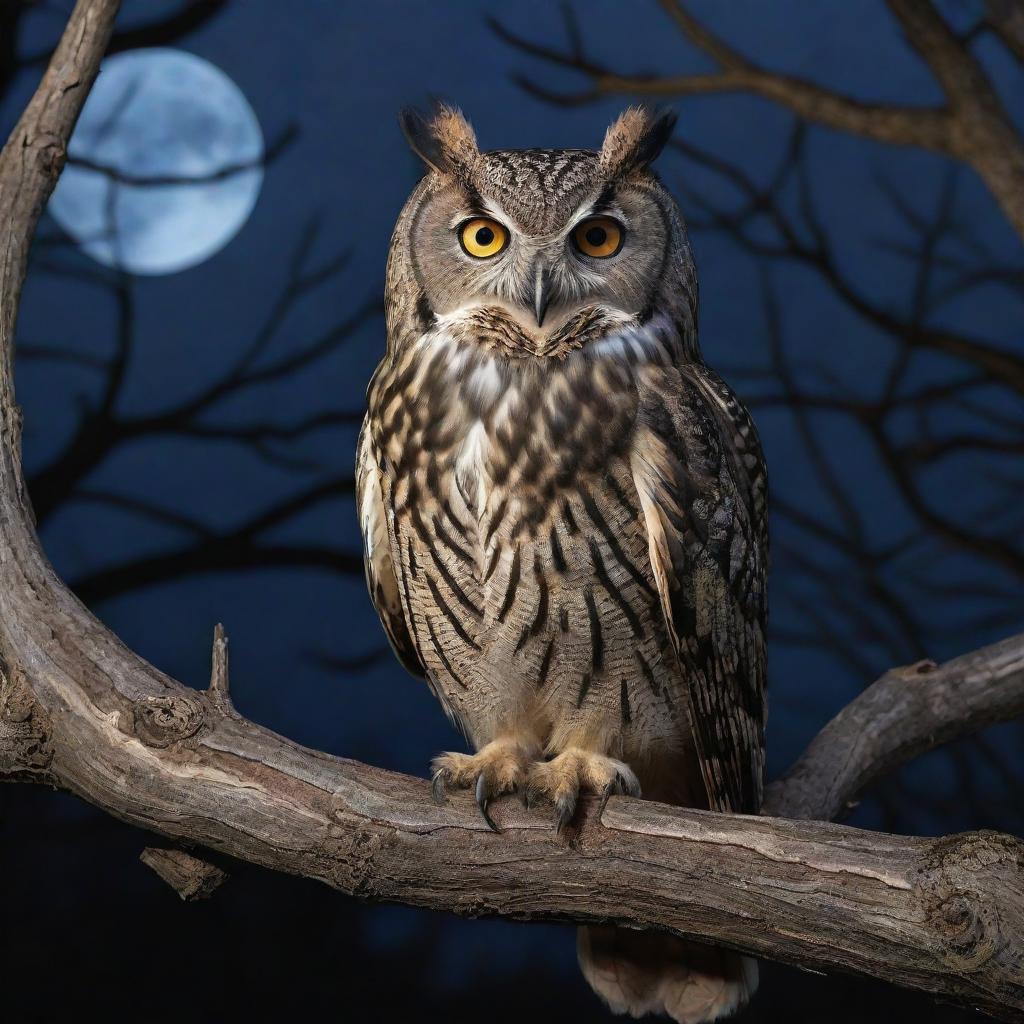 A realistic, detailed image of a majestic owl with piercing eyes, perched on an ancient tree branch under the moonlight.