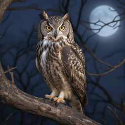 A realistic, detailed image of a majestic owl with piercing eyes, perched on an ancient tree branch under the moonlight.