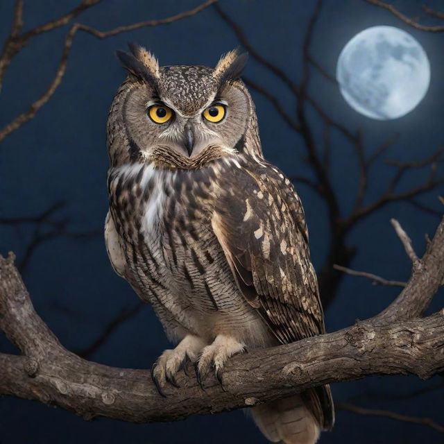 A realistic, detailed image of a majestic owl with piercing eyes, perched on an ancient tree branch under the moonlight.