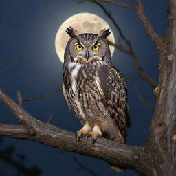 A realistic, detailed image of a majestic owl with piercing eyes, perched on an ancient tree branch under the moonlight.